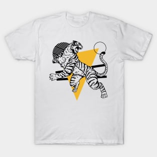 Retro Black & Gold Tiger on the Attack // Vintage Geometric Shapes Background T-Shirt